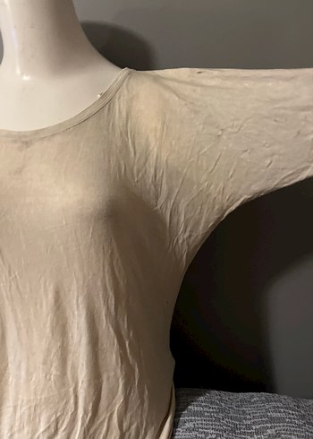 Bej Keten Tişörtü, Kısa Kollu, Salaş Kesim - Görsel 4