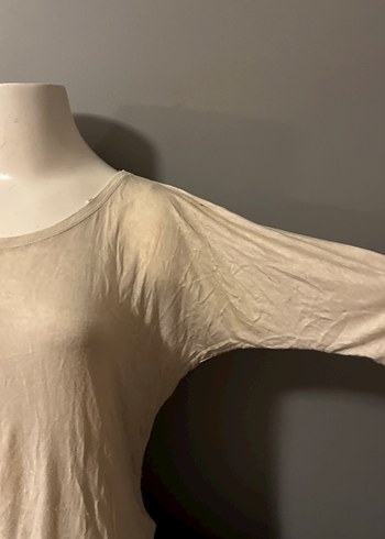 Bej Keten Tişörtü, Kısa Kollu, Salaş Kesim - Görsel 3