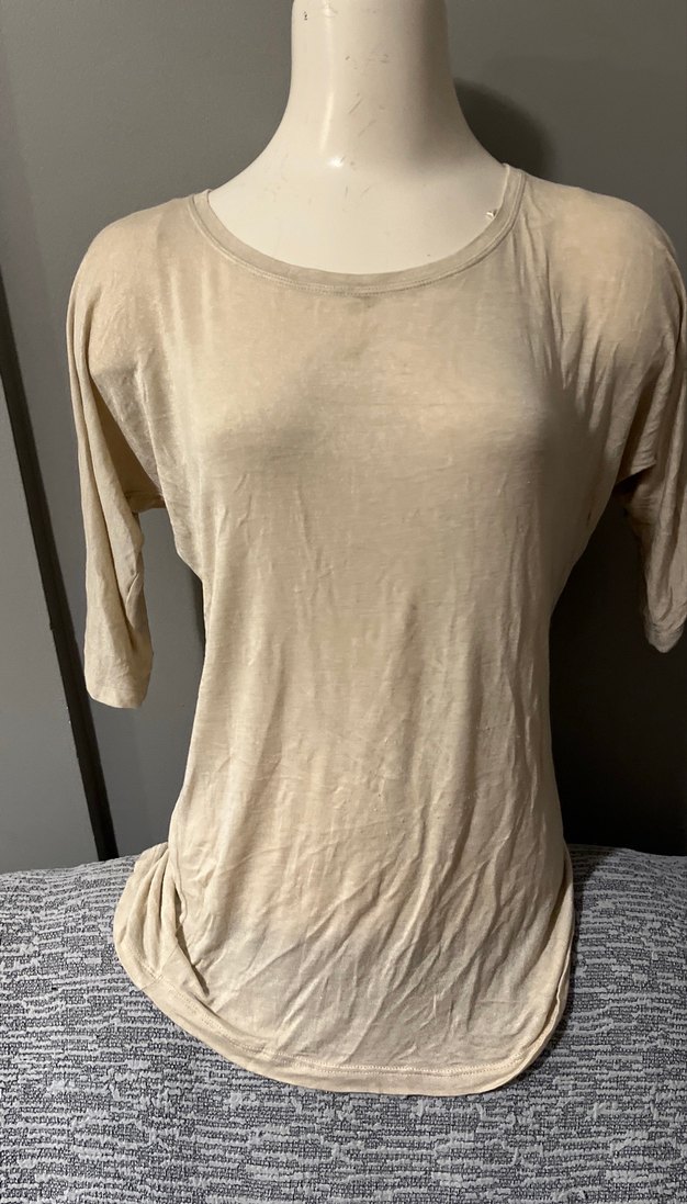 Bej Keten Tişörtü, Kısa Kollu, Salaş Kesim - Görsel 2