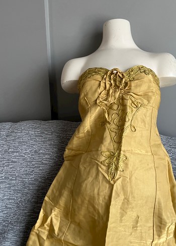 Sarı Straplez Nakışlı Uzun Bohem Elbise - Görsel 3