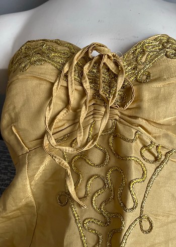 Sarı Straplez Nakışlı Uzun Bohem Elbise - Görsel 4