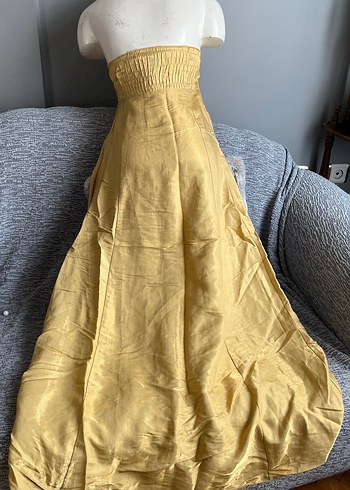 Sarı Straplez Nakışlı Uzun Bohem Elbise - Görsel 6