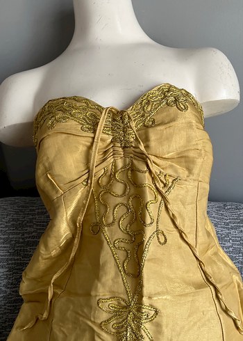 Sarı Straplez Nakışlı Uzun Bohem Elbise - Görsel 5