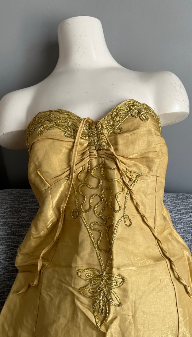 Sarı Straplez Nakışlı Uzun Bohem Elbise - Görsel 5