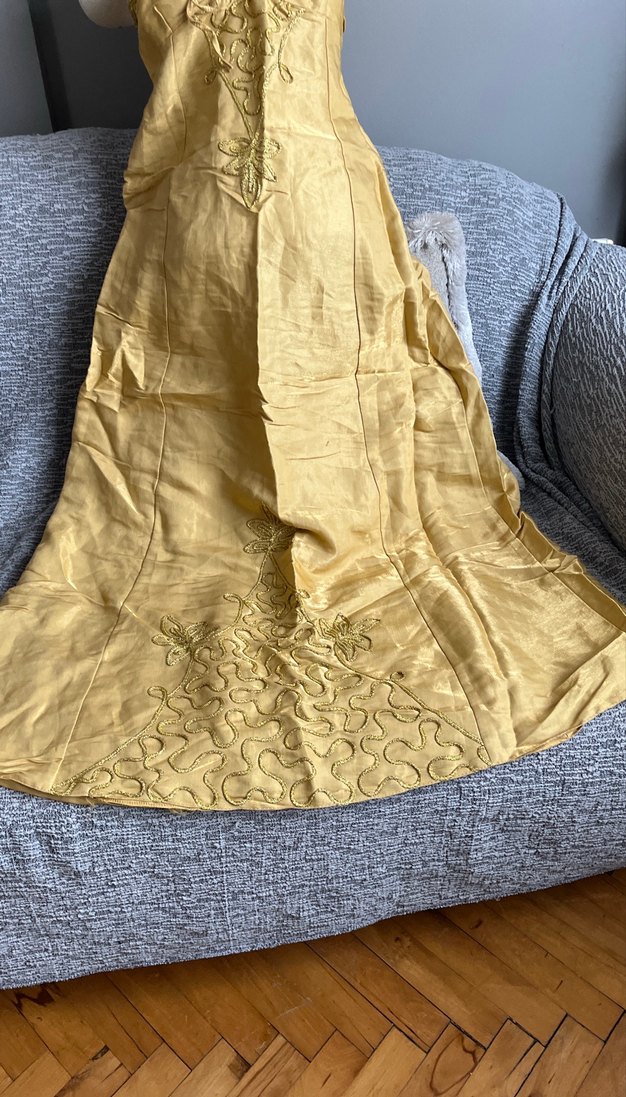 Sarı Straplez Nakışlı Uzun Bohem Elbise - Görsel 2