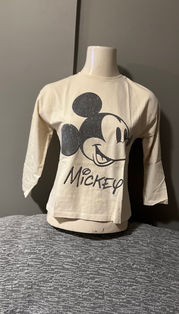 Beyaz Mickey Baskılı Uzun Kollu Kız Tişörtü - Görsel 3