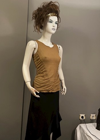 Bej Drapeli Kolsuz Simli davet Bluzu - Görsel 3