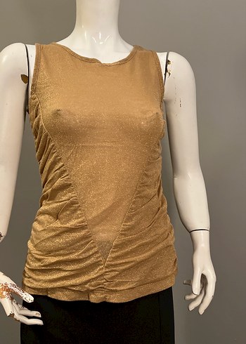 Bej Drapeli Kolsuz Simli davet Bluzu - Görsel 2