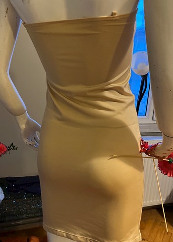 Bej Straplez Uzun Mini Elbise astarı - Görsel 3