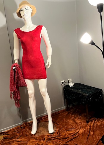 Kırmızı Mini Kolsuz Penye Elbise - Görsel 3