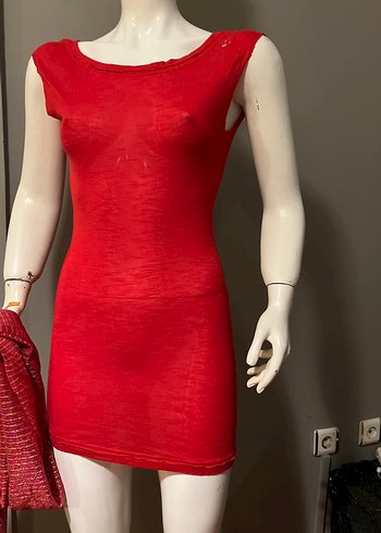 Kırmızı Mini Kolsuz Penye Elbise - Görsel 2