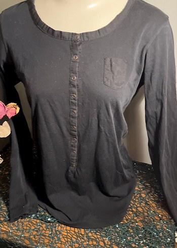 Düğmeli Siyah  Uzun Kollu Pamuklu Tişört - Görsel 2