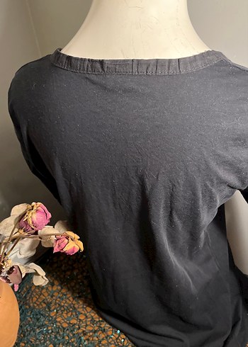 Düğmeli Siyah  Uzun Kollu Pamuklu Tişört - Görsel 5