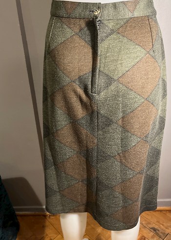 Kahverengi geometrik Desenli Midi kalın sentetik yünlü Etek - Görsel 4