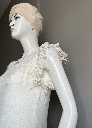 Beyaz Örgü Kolsuz Mini Elbise - Görsel 7