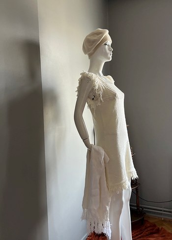 Beyaz Örgü Kolsuz Mini Elbise - Görsel 3