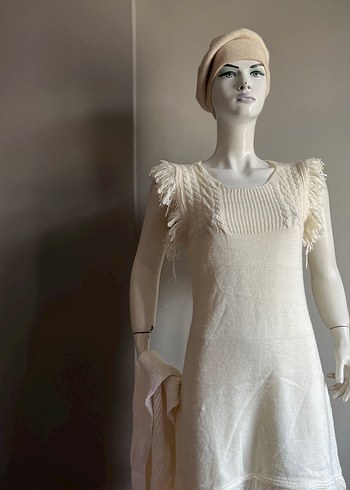 Beyaz Örgü Kolsuz Mini Elbise - Görsel 2