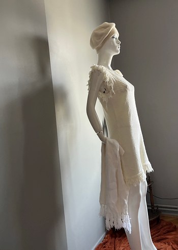 Beyaz Örgü Kolsuz Mini Elbise - Görsel 4