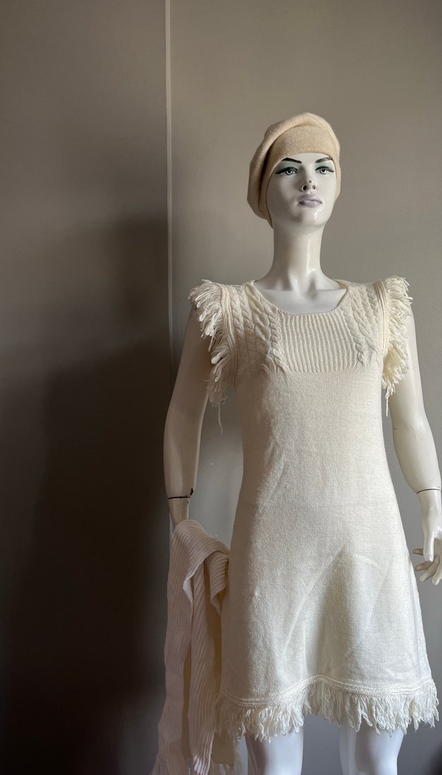 Beyaz Örgü Kolsuz Mini Elbise - Görsel 2