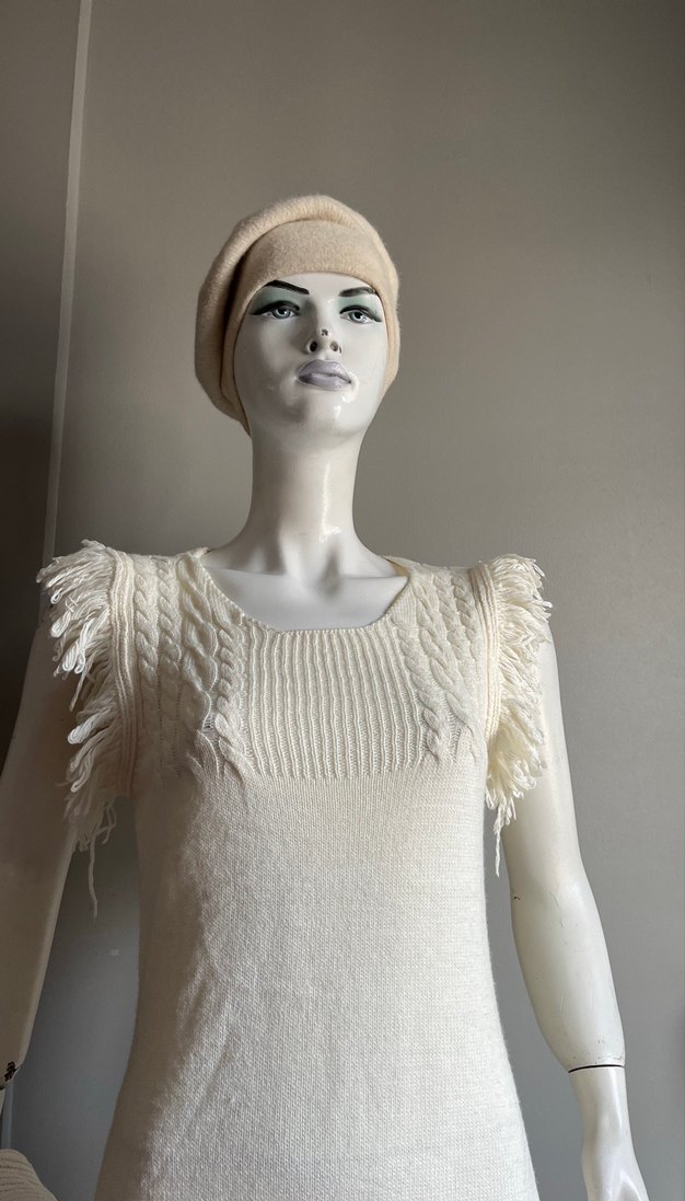 Beyaz Örgü Kolsuz Mini Elbise - Görsel 5