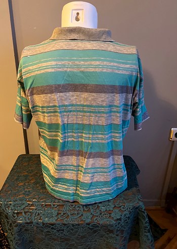 Nostalji 1985 yılından Gri Çizgili Düğmeli Erkek Polo Tişört - Görsel 4