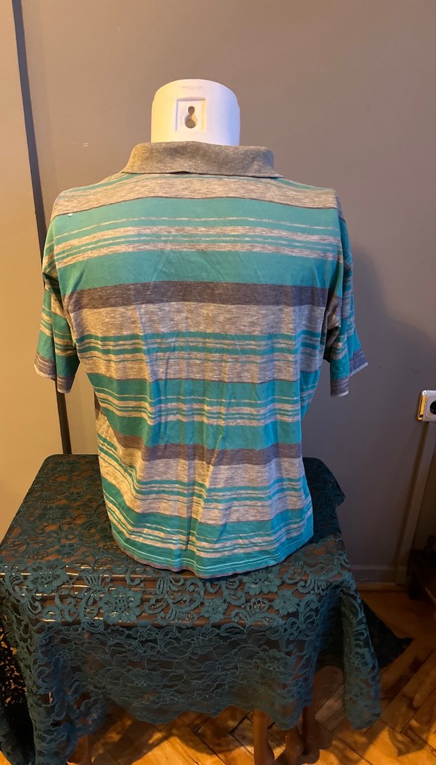 Nostalji 1985 yılından Gri Çizgili Düğmeli Erkek Polo Tişört - Görsel 4