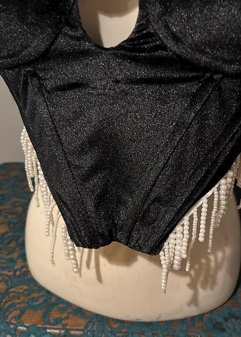 Drapeli Siyah Mini Büstiyer Kadife - Görsel 2