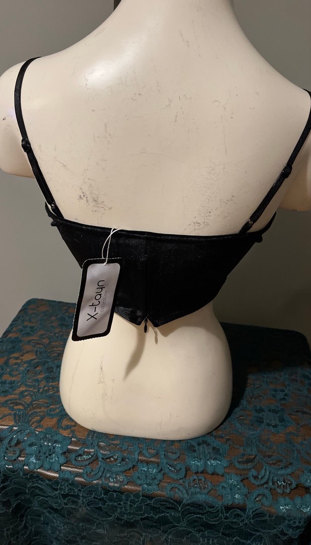 Drapeli Siyah Mini Büstiyer Kadife - Görsel 5