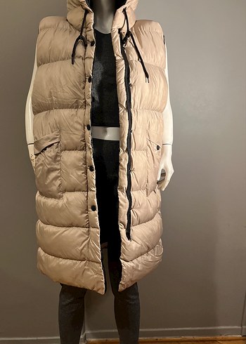 Uzun Bej Kadın Kapüşonlu Yelek - Görsel 2