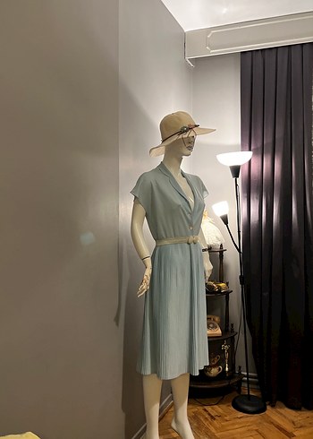 1980 lerden Pliseli  Uçuk Mavi  Midi Elbise - Görsel 8