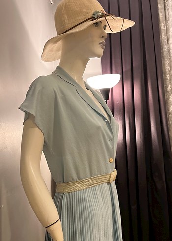 1980 lerden Pliseli  Uçuk Mavi  Midi Elbise - Görsel 10