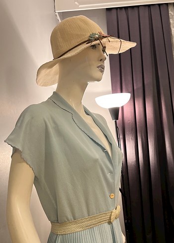 1980 lerden Pliseli  Uçuk Mavi  Midi Elbise - Görsel 9