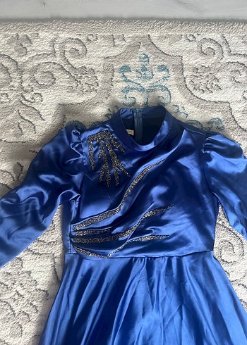 Uzun Kollu Mavi Drapeli Abiye Elbise - Görsel 2