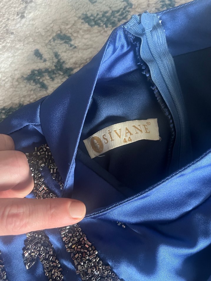 Uzun Kollu Mavi Drapeli Abiye Elbise - Görsel 3