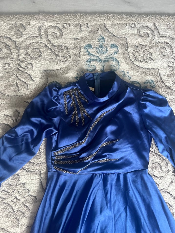 Uzun Kollu Mavi Drapeli Abiye Elbise - Görsel 2