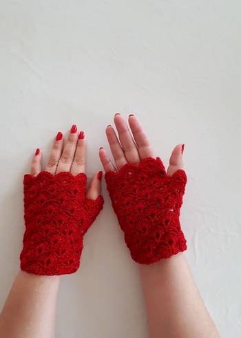 Dantel Detaylı Kırmızı Örgü Eldiven - Görsel 3