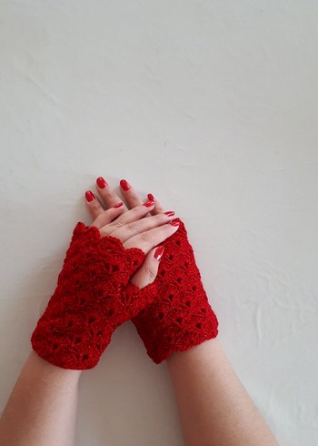 Dantel Detaylı Kırmızı Örgü Eldiven - Görsel 4