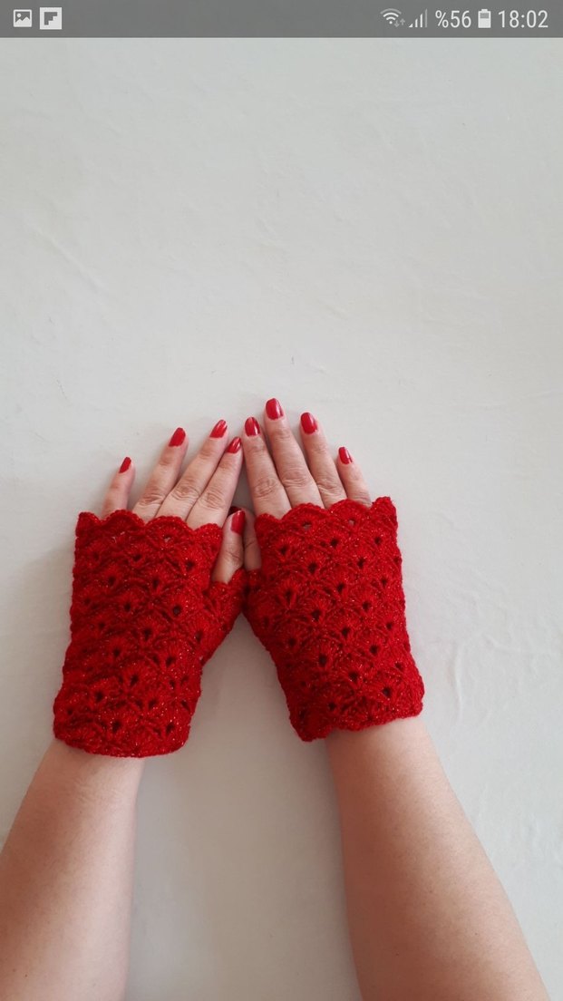 Dantel Detaylı Kırmızı Örgü Eldiven - Görsel 5
