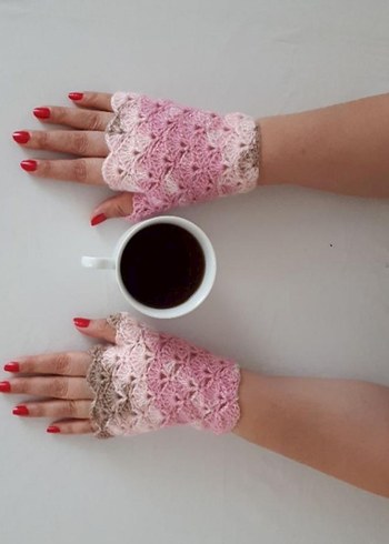Dantel Detaylı Pembe Örgü Kadın Eldiven - Görsel 7