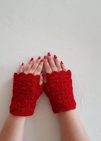 Kırmızı Dantel Detaylı Örgü Kadın Eldiven - Görsel 6
