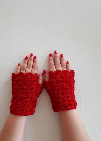 Kırmızı Dantel Detaylı Örgü Kadın Eldiven - Görsel 7