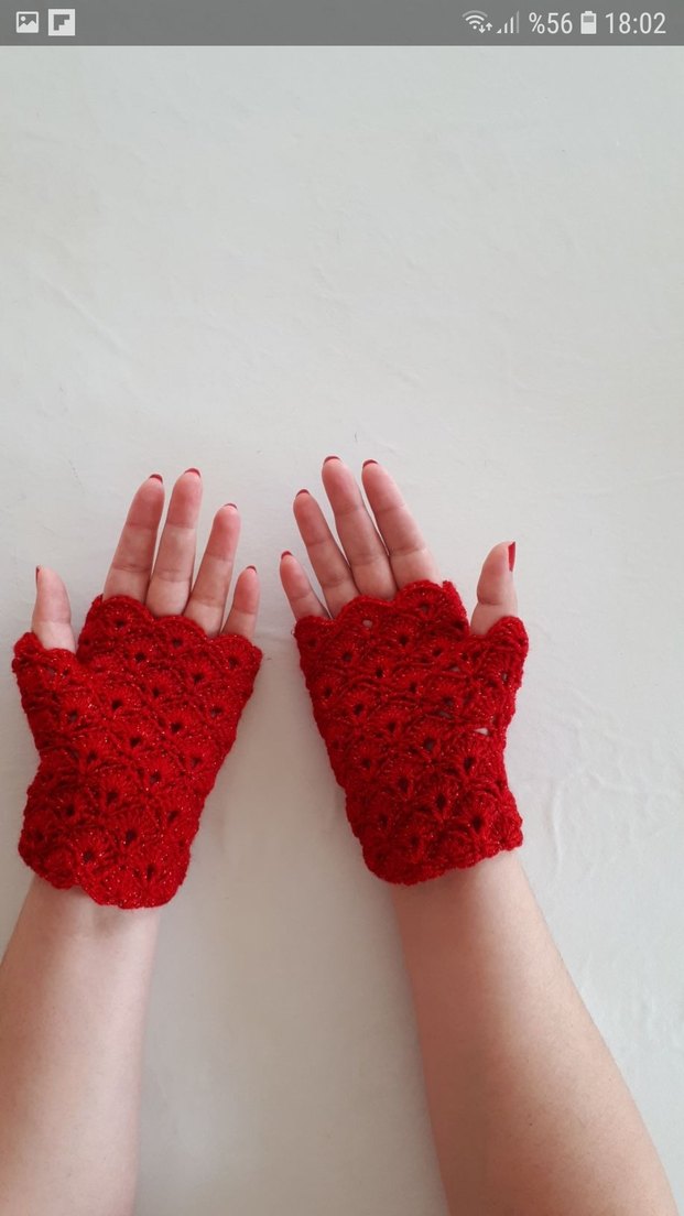 Kırmızı Dantel Detaylı Örgü Kadın Eldiven - Görsel 3