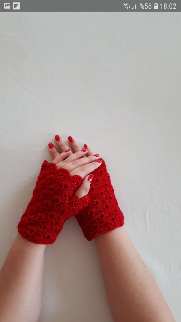 Kırmızı Dantel Detaylı Örgü Kadın Eldiven - Görsel 2