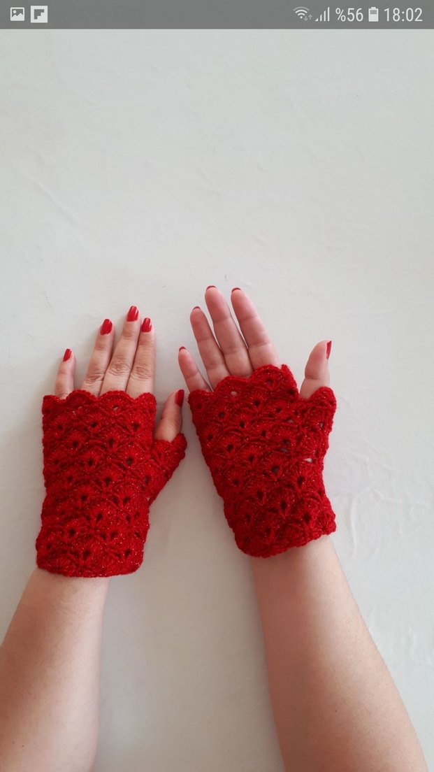 Kırmızı Dantel Detaylı Örgü Kadın Eldiven - Görsel 5