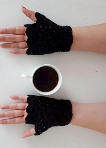 Siyah Örgü Parmaksız Kadın Eldiveni - Görsel 8