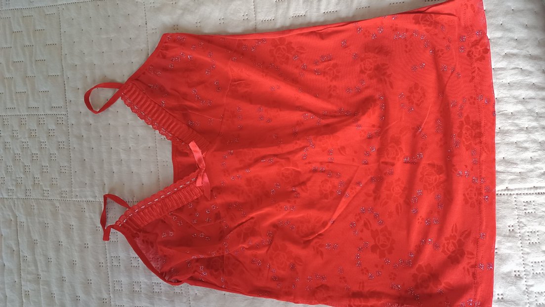 İnce Askılı Nakışlı Kırmızı Midi Gecelik - Görsel 2