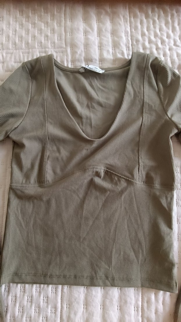 Bej V Yaka Uzun Kollu bluz - Görsel 2