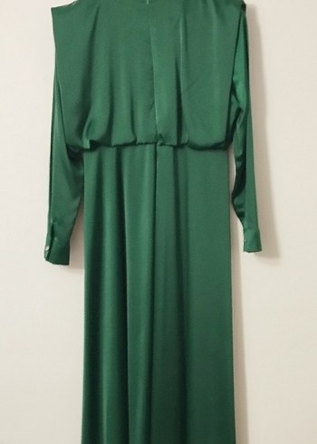 Yeşil Uzun Saten abiye Elbise V Yaka Drapeli - Görsel 2