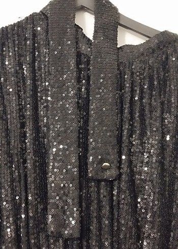 Siyah Parlak Uzun Kollu Abiye Elbise - Görsel 6