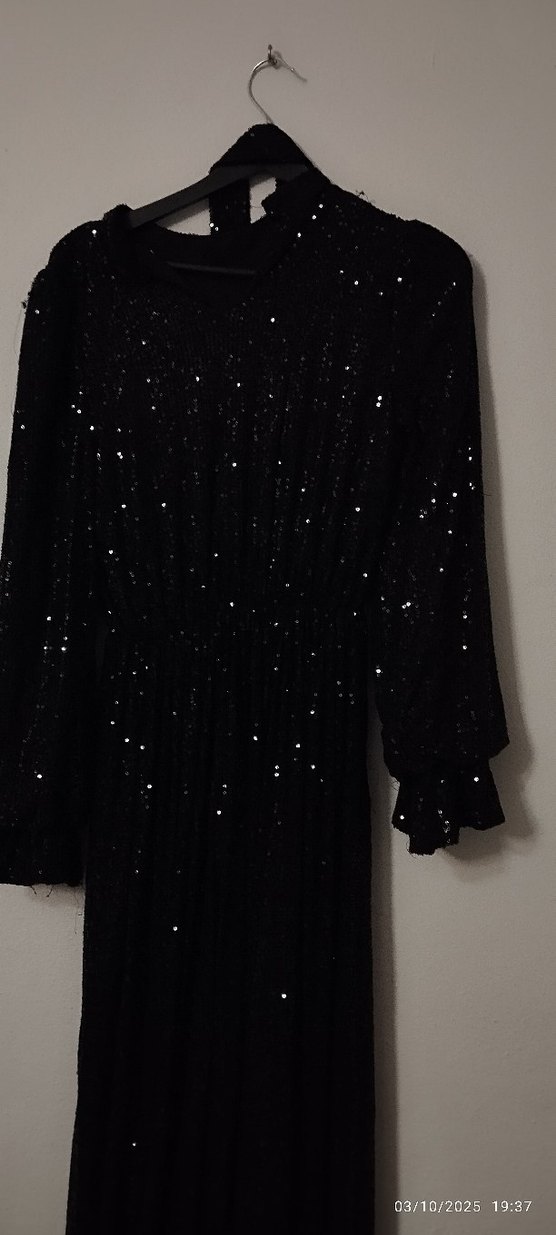 Siyah Parlak Uzun Kollu Abiye Elbise - Görsel 5